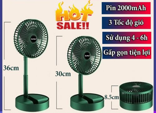 Quạt tích điện gập gọn SUPER có khay để điện thoại - gấp gọn - 3 tốc độ gió